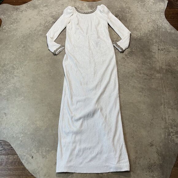 Rachel Zoe Dress Womens 4 White Sequin Maxi Gown Open Back Embellished Outline‎